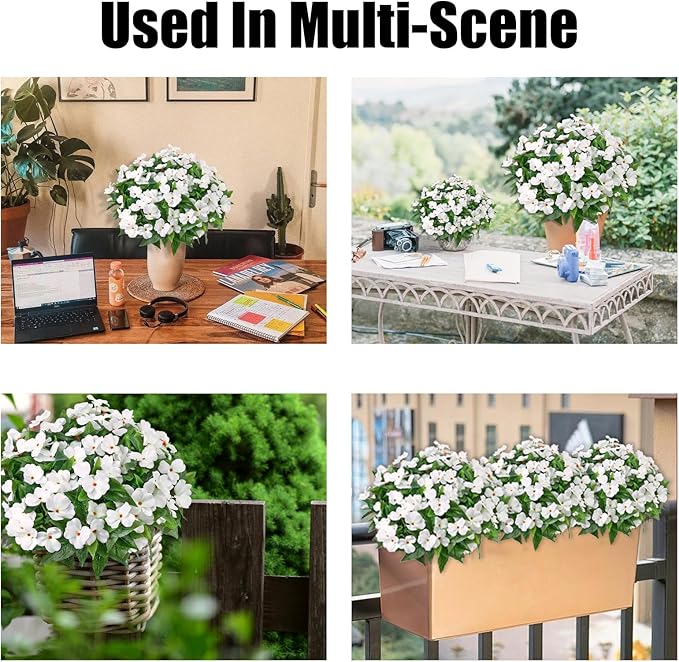 5PCS Artificial Impatiens Bouquet Flowers for Outdoors Silk Faux Flowers for Outdoor Fake Planters UV Resistant Spring Summer Indoor Decor Garden Porch Patio Window Kitchen Balcony, White