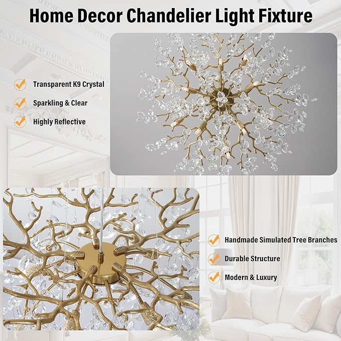 YUYI 23.6" Modern Gold Tree Branch Crystal Chandelier, 8-Light Round Raindrop Pendant Lighting for Dining Room Living Room Bedroom Kitchen Foyer Entryway, Luxury K9 Crystal Statement Light Fixture