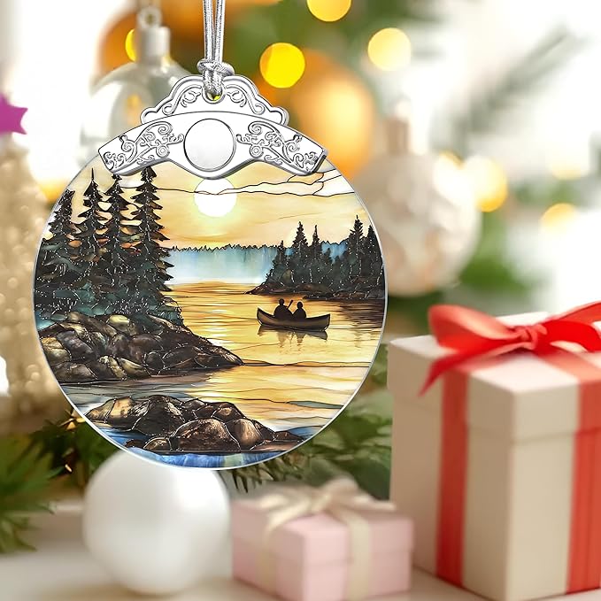 Canoe Lake Sunset Stained Glass Ornament, Christmas Ornaments – Christmas Tree Decorations, Holiday Decor, Stocking Stuffer, Gift Idea, Gifts for Nature Lover, Outdoor & Camping Lover