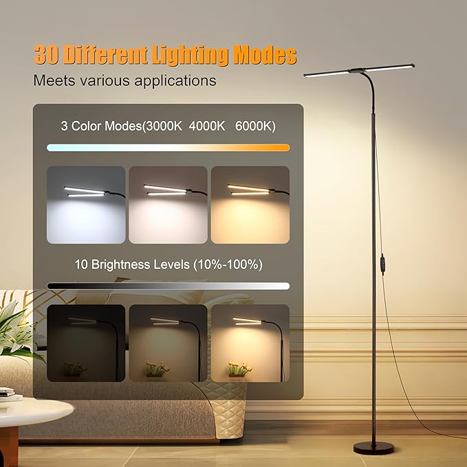 LED Floor Lamp, Bright 18W Floor Lamps for Living Room, 3 Color Modes 10 Brightness, Adjustable Flexible Gooseneck and 4 detachable upright poles, USB Standing Lamp for Reading, Study, Workbench