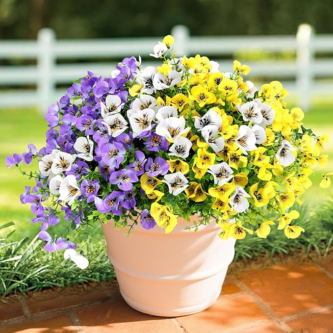 Geegoods 24 Bundles Artificial Flowers Outdoor – Fake Pansy Flowers UV Resistant Plastic Faux Pansies for Front Door Garden Porch Window Box Patio Home Decor