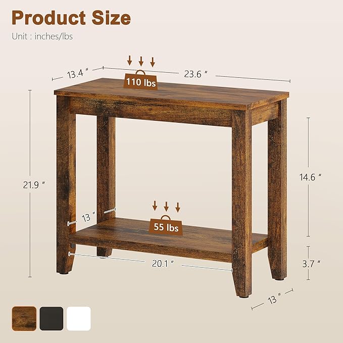 Hoctieon End Table with Double Storage Shelves, Sturdy Wooden Side Table for Living Room, Bedroom, Modern Nightstand Sofa Table for Small Spaces, Rustic Brown
