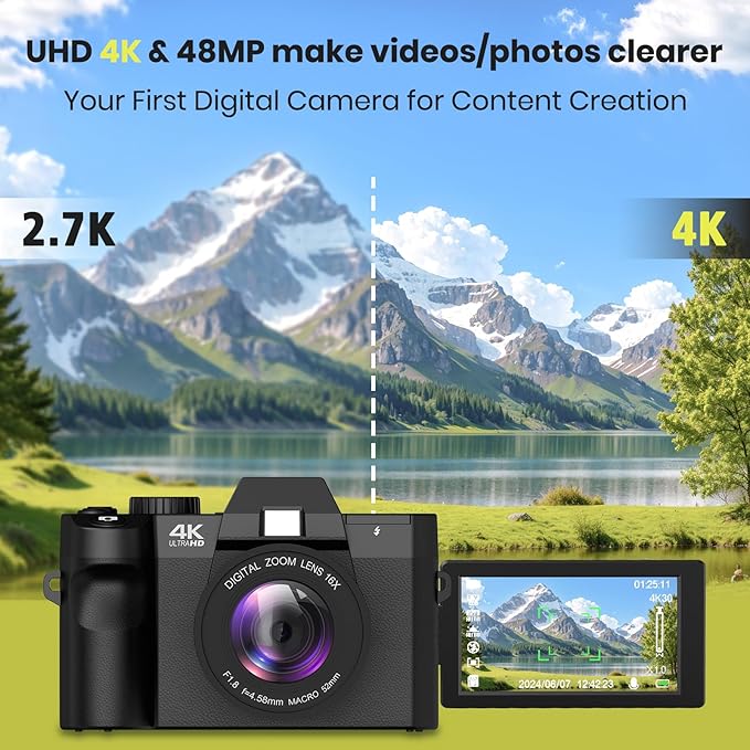 48MP Digital Camera 4K Video 3-Inch LED Display 16X Optical Zoom Auto Focus 180° Flip Screen, 4K Vlogging Cameras Fotograficas for YouTube with 32GB TF Card, 2 Batteries Black
