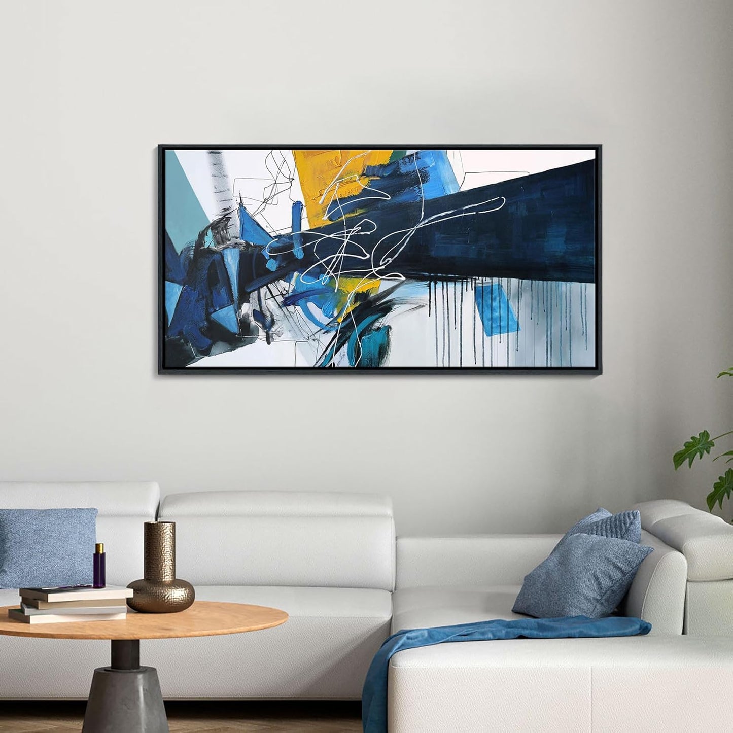 KLAKLA Large Abstract Canvas Wall Art for Living Room - Blue and white Framed Wall Decor Living Room Picture Artwork for Office Bedroom Decorative Paintings