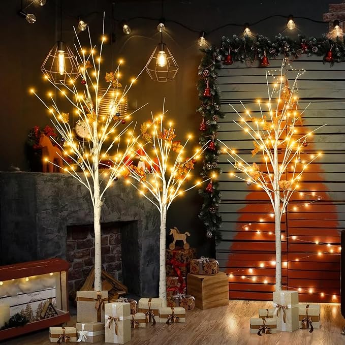 AWQM Lighted Birch Tree for Christmas Decor, Pack of 3 Prelit Christmas Tree 4ft 5ft 6ft, Warm White Christmas Tree for Indoor Christmas Decorations. (White)