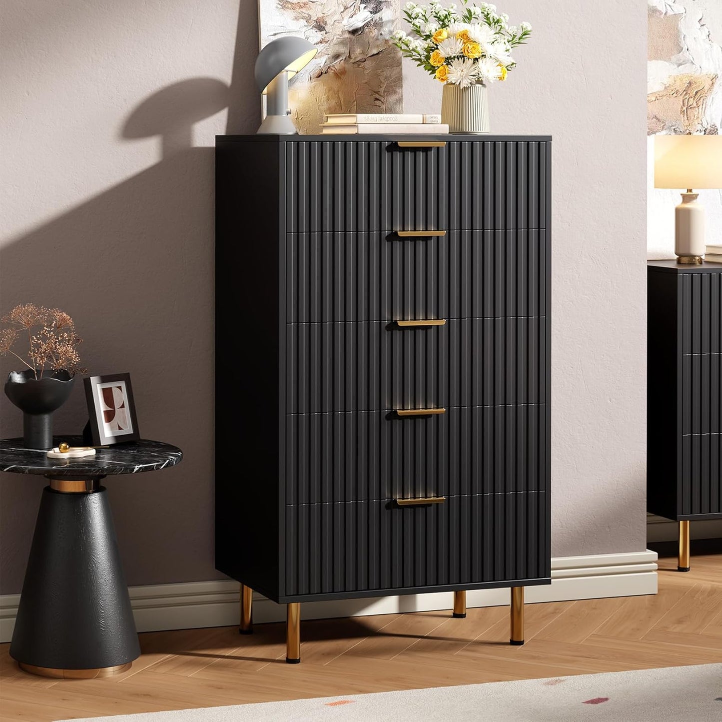 5 Drawer Dresser for Bedroom, 47.2" Tall Modern Chest of Drawers with Deep Drawers and Wide Top, Fluted Wooden Dresser Organizer for Living Room, Hallway, Kids Room, Black