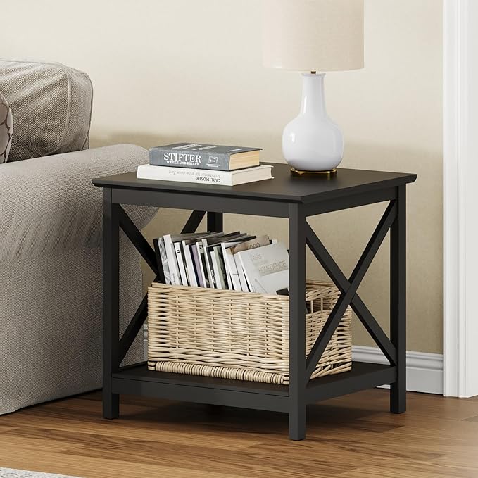 ChooChoo End Tables Set of 2, 24 Inch End Table with 2-Tier Storage Shelf, Side Table for Living Room, Wood Nightstand for Bedroom, Office, Painted Surface, Black