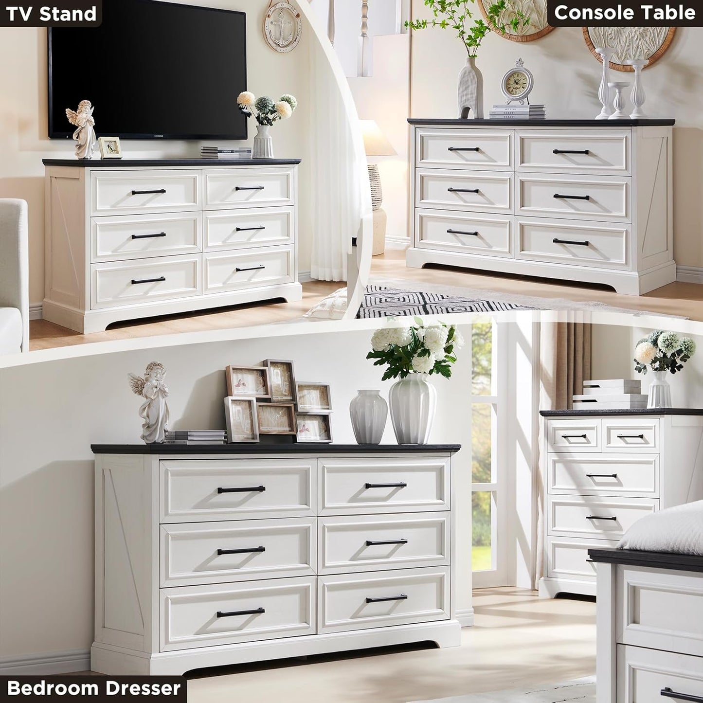 Farmhouse 6 Drawer Dresser for Bedroom, 52 Inch Wide Modern Dresser TV Stand with Large Drawers & Bar Handles, Rustic Wood Chest of Drawers for Bedroom, Living Room, Hallway, Off White