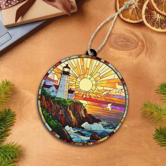 AVERXO Lighthouse Decor Christmas Decorations - Suncatcher Christmas Ornaments 2025 for Xmas Decorations - Lighthouse Gifts for Women Men, Boho Ocean Gifts for Women Men Mom Dad Ocean Lovers