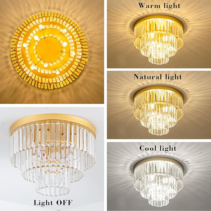 17" Crystal Flush Mount Chandelier 4-Lights Gold Crystal Ceiling Light 3-Tier Luxury K9 Dining Room Light Semi-Flush Ceiling Light for Bedroom Living Room Entryway Kitchen Island Hallway