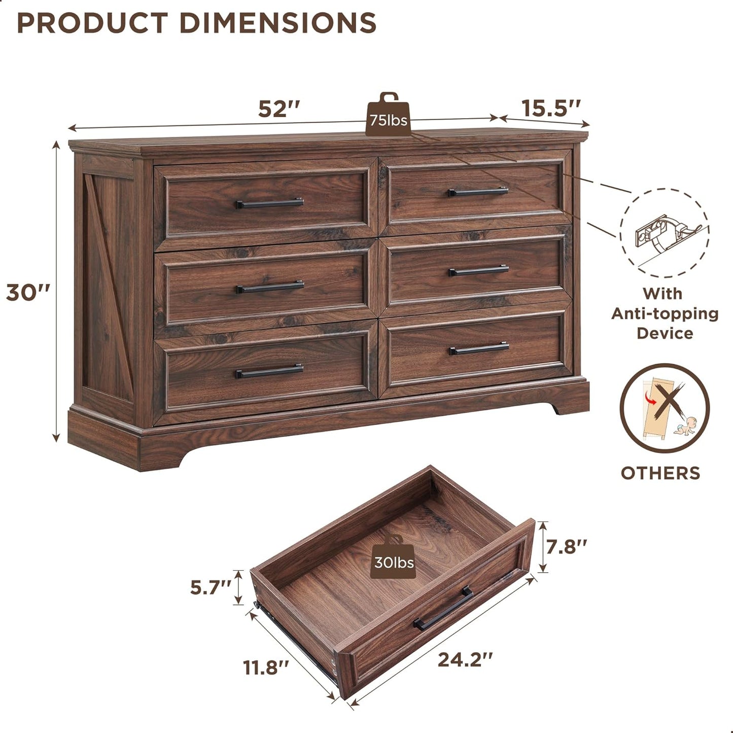 Farmhouse 6 Drawer Dresser for Bedroom, 52 Inch Wide Modern Dresser TV Stand with Large Drawers & Bar Handles, Rustic Wood Chest of Drawers for Bedroom, Living Room, Hallway, Brown