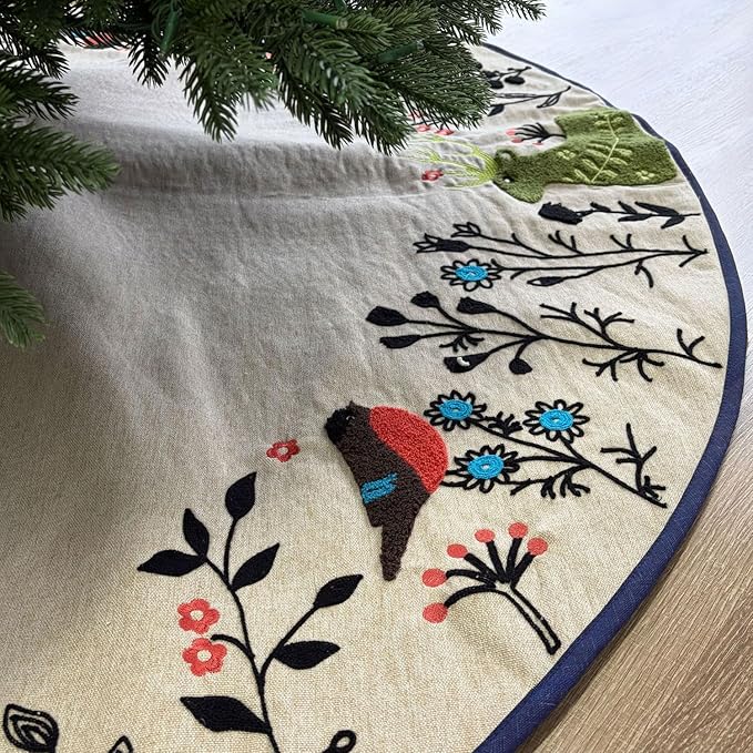 60-Inch Linen Christmas Tree Skirt, Woodland Creatures Embroidery, Thick Foam Padding, Beige with Navy Blue Trim, Oak Button Closures