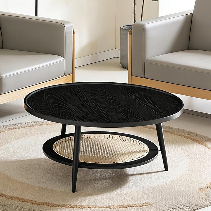 Saint Mossi Modern Coffee Table for Living Room, Mid-Century Round Wood Coffee Table, 2-Tier Boho Center Table for Small Space, Black Wood and Rattan Top,