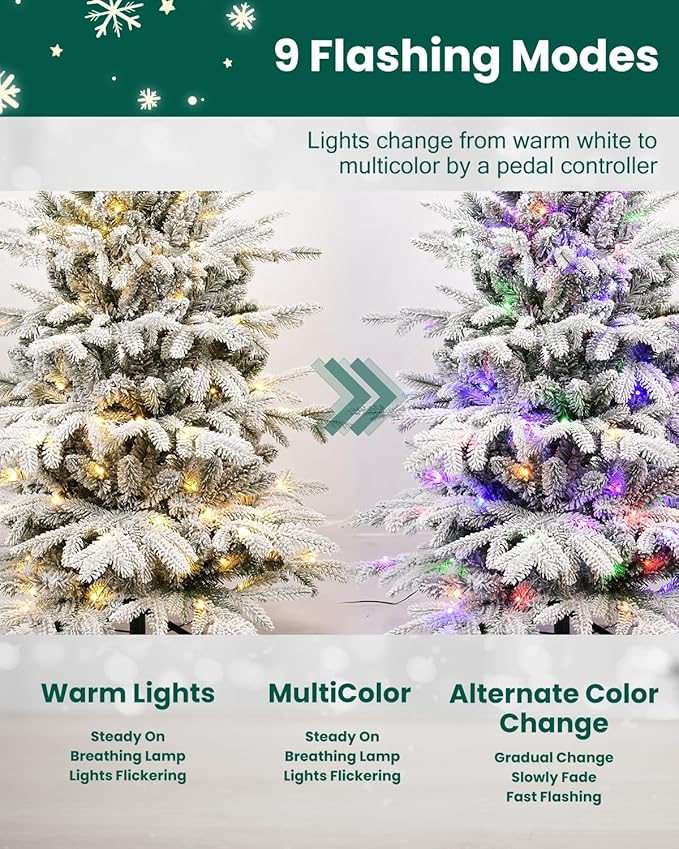6ft Flocked Christmas Tree Prelit, Slim Artificial Christmas Tree with 300 Warm White & Multicolor Twinkle Lights,1582 PE & PVC Mixed Branch Tips for Home Office Store, Holiday Decoration