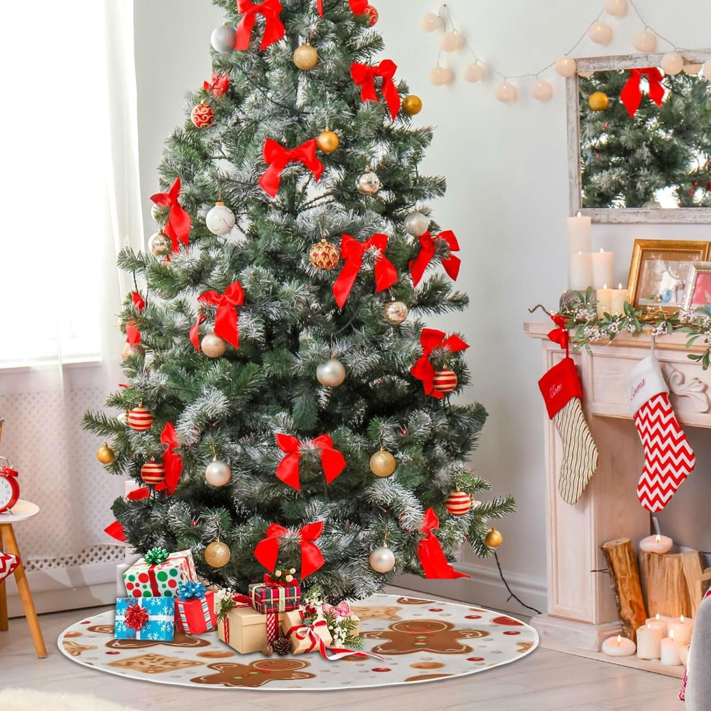 Gingerbread Christmas Tree Skirt - 48 Inch Xmas Tree Mat for New Year Party Decorations