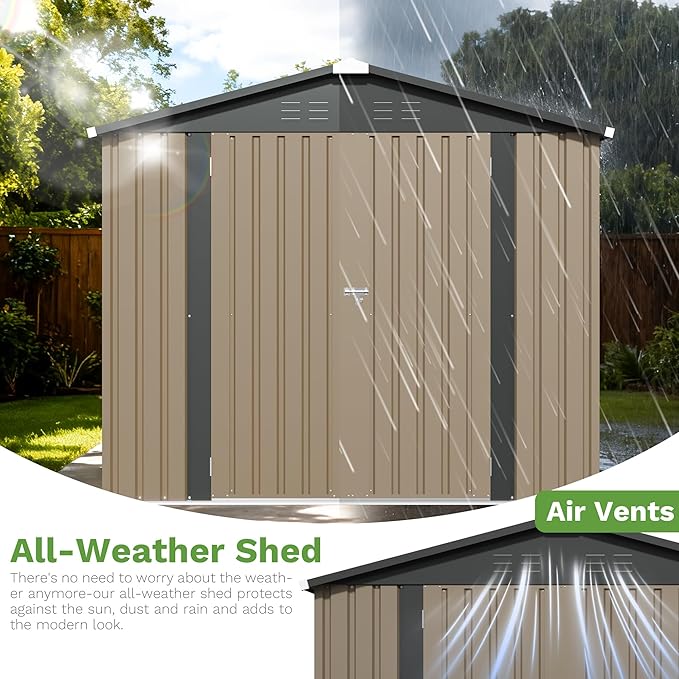 Patiowell 8x8 FT Outdoor Storage Shed, Heavy Duty Tool Metal Sheds with Lockable Doors and Updated Frame Structure for Backyard Patio Lawn, Brown