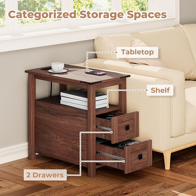 Farmhouse End Table with Charging Station and 2 Storage Drawers, Cherry Wood Nightstand Narrow, Skinny Side Table Rustic, Slim Bedside Table, Open Shelf, Small for Bedroom, Living Room, Sofa