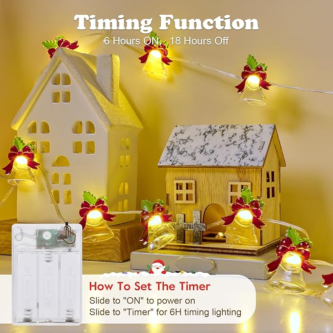 Brightown Fairy Lights Battery Operated with Bells, 10FT 30 LED String Lights with Timer, Warm White String Lights for Bedroom Christmas Indoor Party Wedding Decorations