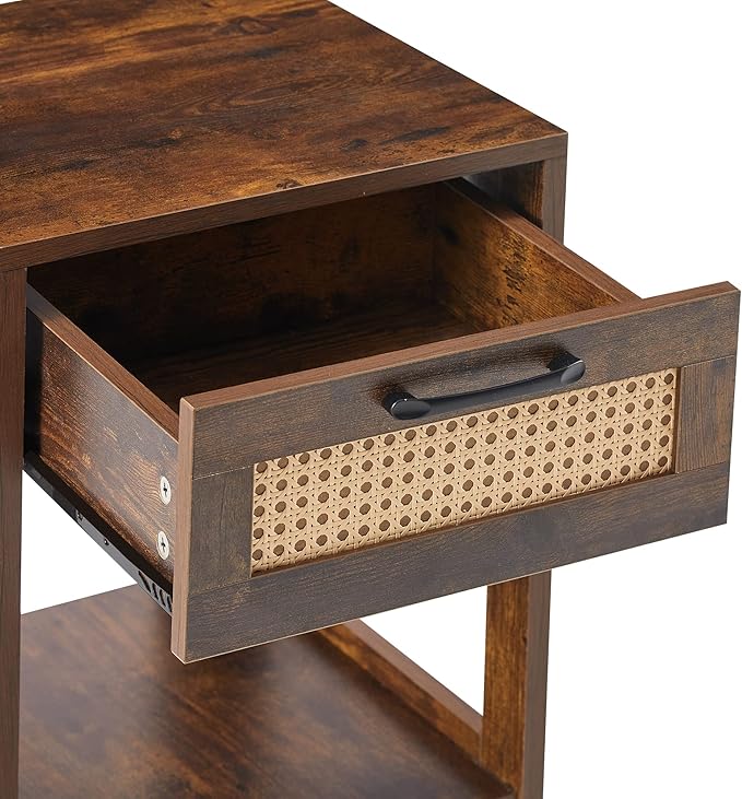 Rattan Nightstand - Wooden Boho End Table with Storage Drawer and Opening Shelf, Bedside Tables Bed Side Table Accent Table for Living Room, Bedroom Small Space