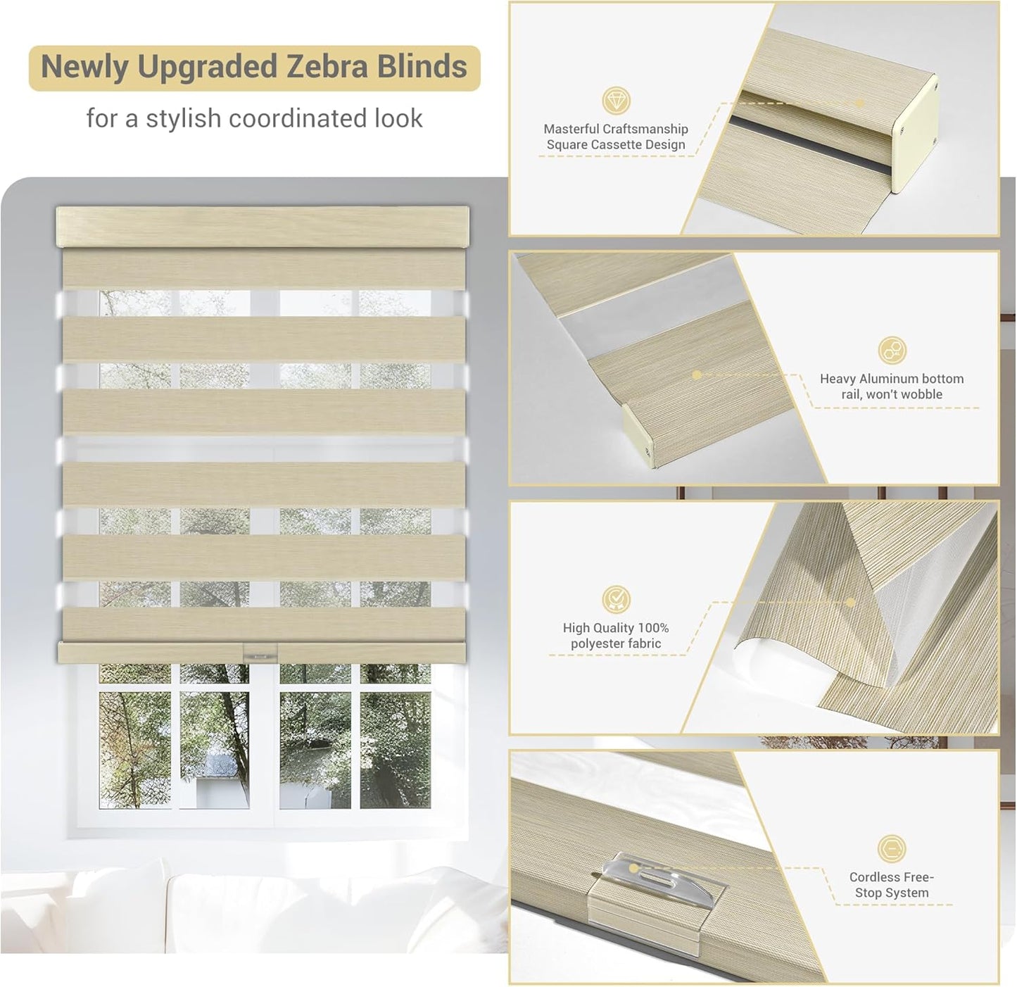 Cordless Zebra Blinds for Windows, Blackout Interior Blinds,Easy to Install,UV Protection,for Offices and Home,Custom Roller Shades, Mousse Beige,43" W x 56" H