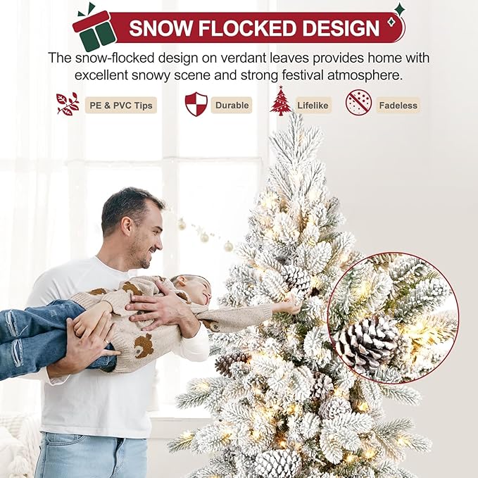 5 FT Pre-Lit Snow Flocked Slim Fir Christmas Tree with 671 PE & PVC Mixed Branch Tips,Artificial Skinny Pencil Xmas Tree with 450 Warm-White Lights & 25 Pine Cones,Hinged Pine Tree with Metal Stand