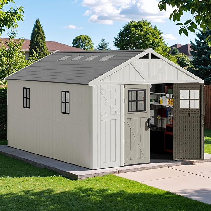 Devoko 10x14 FT Resin Outdoor Storage Shed with Floor, Plastic Tool Garden Shed with Windows & Lockable Door, Outside Large Storage Shed for Patio Backyard Lawn, Beige