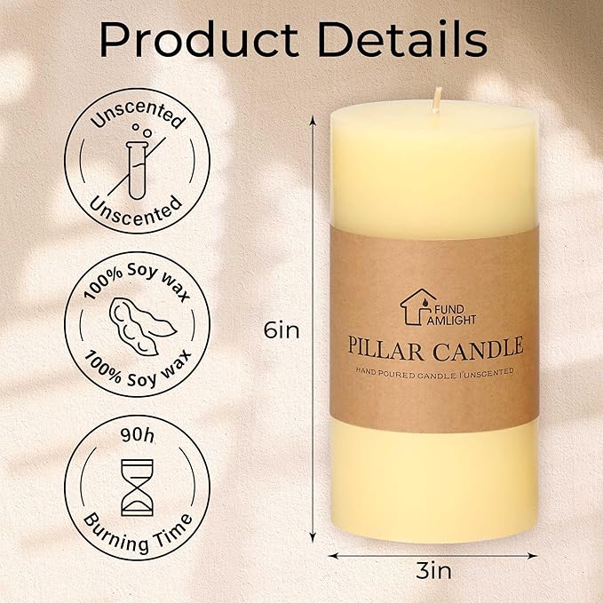3x6 Inch Ivory Pillar Candles Set of 3-Decorative Unscented Pillar Candle, Long Burning Dripless Candles for Table Decor, Smokeless Large Pillar Candle for Wedding Table, Dinner