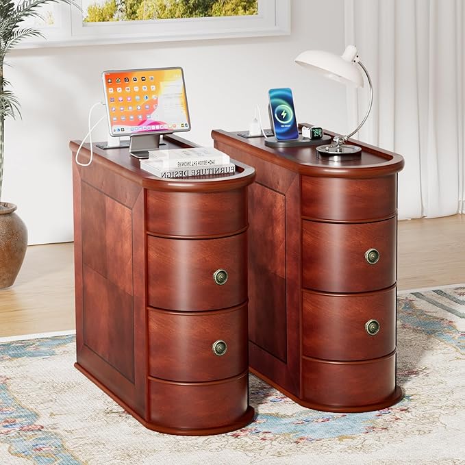 ROOMTEC Solid Wood End Table with Charging Station,Narrow Side Table with USB Ports and Outlets,No Assembly,Slim Chair Side Table,Narrow Sofa Side Table for Living Room Bedroom(2 Pack)