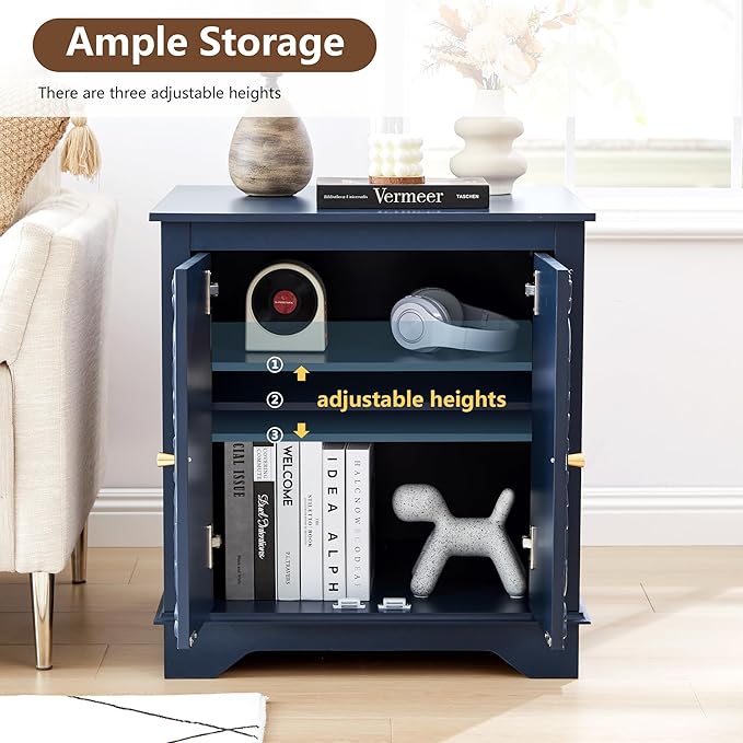 End Table Set of 2, 24" Farmhouse Nightstand with Carved Floral Door & Adjustable Shelf, Square Wooden Sofa Side Table with Storage for Living Room Bedroom (Midnight Blue)