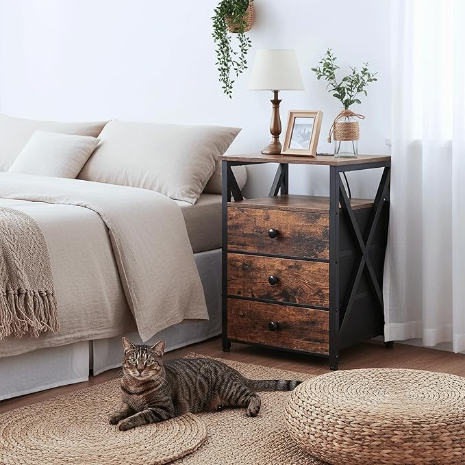 AMHANCIBLE Night Stand Set 2, LED Nightstand with Charging Station, End Side Tables with USB Port & Outlet, Bedside Tables with Fabric Drawers for Bedroom Living Room, Rustic Brown HET053LBR