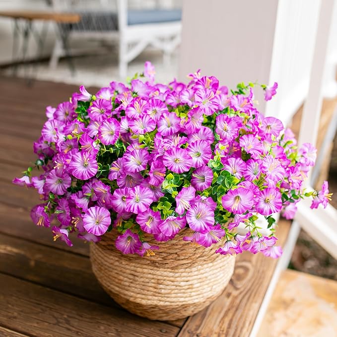 HyeFlora Artificial Flowers for Outdoors Fake Plants Outside Decoration, 12 Bundles Silk Purple Morning Glory UV Resistant Look Real Faux Flowers for Planter Front Door Porch Patio Yard Gardens Home