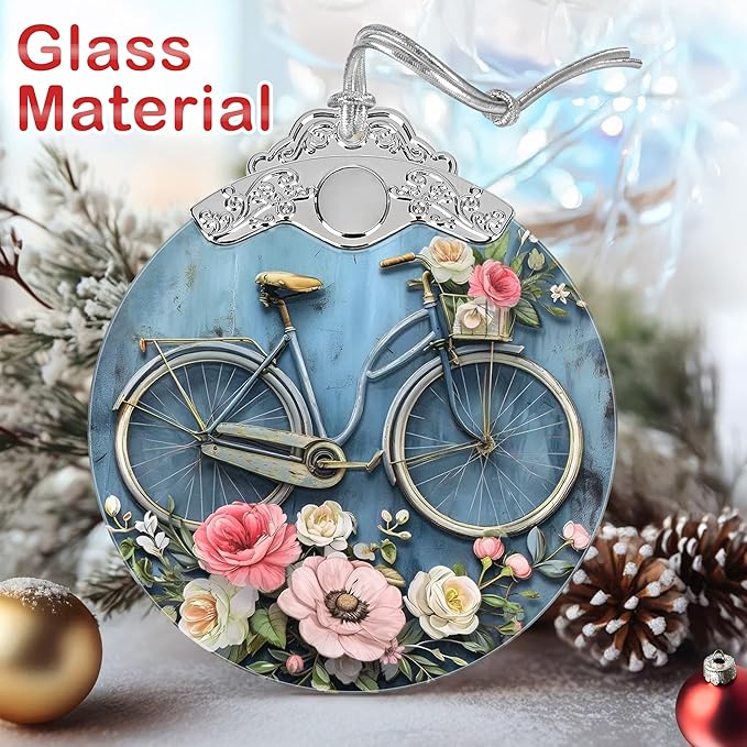 Christmas Decorations Ornaments, Stained Glass Ornament, Christmas Tree Ornaments, 2025 Gift Ornament, Xmas Gift for Friend Family Coworker - Bicycle with Flowers