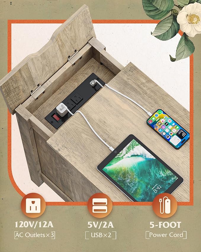WLIVE End Table with Charging Station, Narrow Side Table for Living Room, Farmhouse Night Stand with Storage, Small Wooden Cabinet Nightstand with USB Ports and Outlets, 23.7" D x 13.78" W x 23.7" H