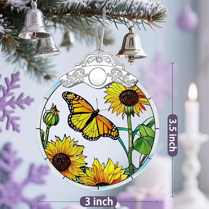 Butterfly & Sunflower Stained Glass Ornament, Christmas Ornaments, Christmas Tree Decorations, Holiday Decor, Holiday Present, Butterfly Themed Gifts, Gift Ideas & Xmas Gifts