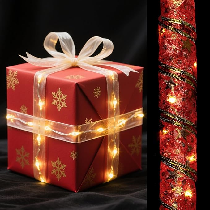 uxcell LED Lights Copper Wire Ribbon, 9.84Ft 30 Battery Powered Christmas Tree Decorations String for Party Weddings Christmas Tree (Red, Warm Light)