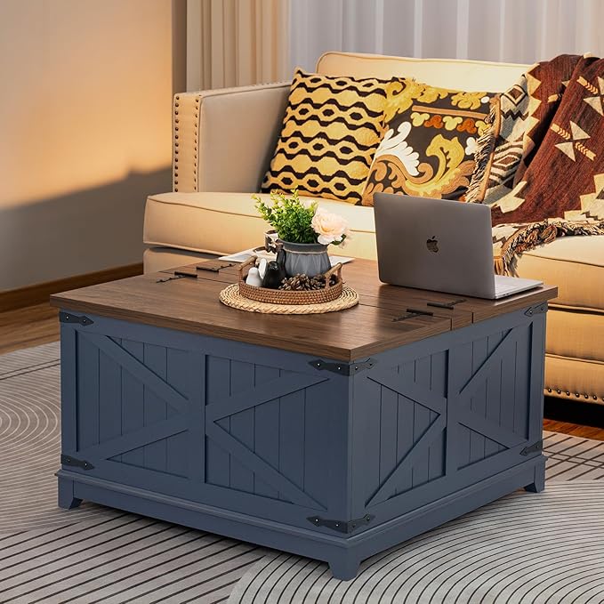 Farmhouse Coffee Table with Hidden Storage Organizer, Modern Square Large Center Table, Wood Farm House Low Navy Blue Living Room Tables with Hinged Lift Top for Home, Office