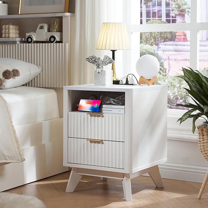 T4TREAM Fluted Nightstand with Charging Station, 18" Modern Side Table with Faux Marble Top, 2 Drawers End Table w/Storage, Bedside Table for Bedroom, Living Room, Curved Profile Design, Solid White