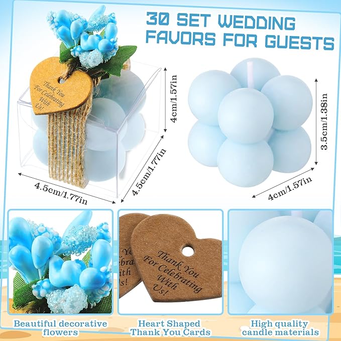 MTLEE 30 Sets Mini Bubble Candles Wedding Favors Gifts for Guests 1.57" x 1.38" Bubble Candles with Cards Dried Flowers DIY Gift Set for Baptism Party Bridal Shower Thank You Gifts (Blue)