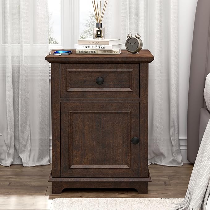 End Tables with Fast-Charge Sets, Side Tables with Drawers, Storage Side Tables Living Room, Adjustable Shelf, Bedroom Nightstands Set of 2, Cherry