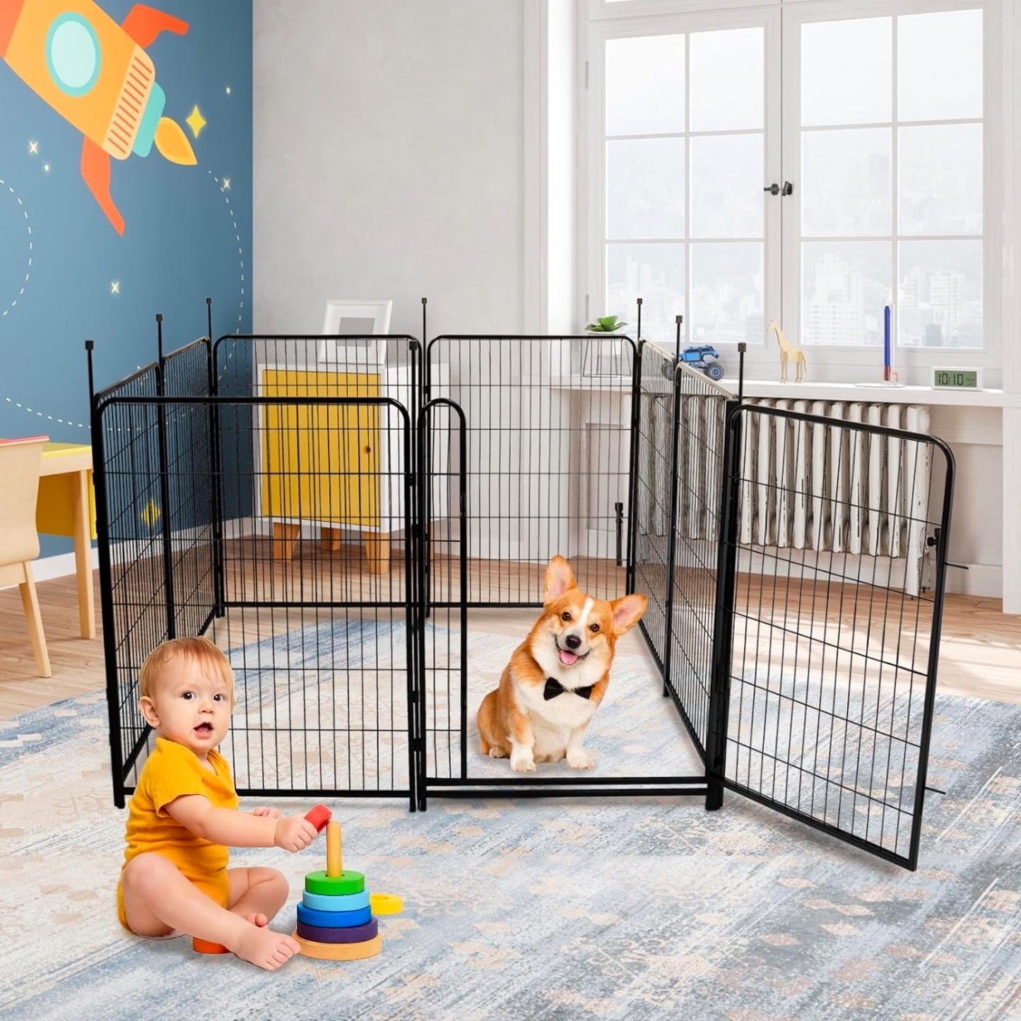 Tall Garden Fences and Borders for Dogs, 48 inch High Garden Fence, 12 Panels Total 26.6 Ft, 21 in Wide Low Threshold Gate. Modular Fencing, Dog Fence Outdoor for Yard. Rabbit Fences
