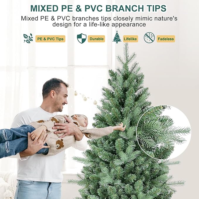 9 FT Artificial Skinny Christmas Tree,Unlit Blue Spruce Slim Pencil Xmas Tree with 2545 PE&PVC Mixed Branch Tips,Hinged Pine Tree with Metal Stand for Home Office Décor