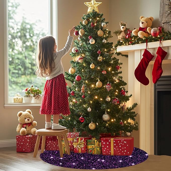Purple Christmas Tree Skirt 36 Inches Sequin Tree Skirts Embroidered Velvet Tree Skirt Sparkly Xmas Tree Base Cover Glitter Fall Tree Skirt for Artificial Trees Christmas Tree Skirts Decor