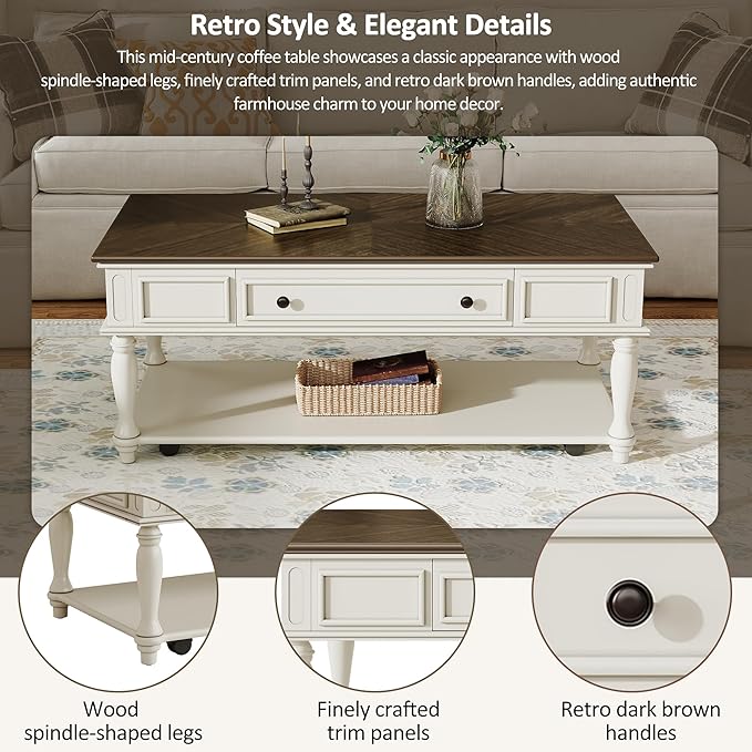 Polibi Coffee Table with Large Storage Drawer, Retro Movable Rectangular Cocktail Table with 4 Caster Wheels for Livingroom, Easy Assembly (Grey+White)