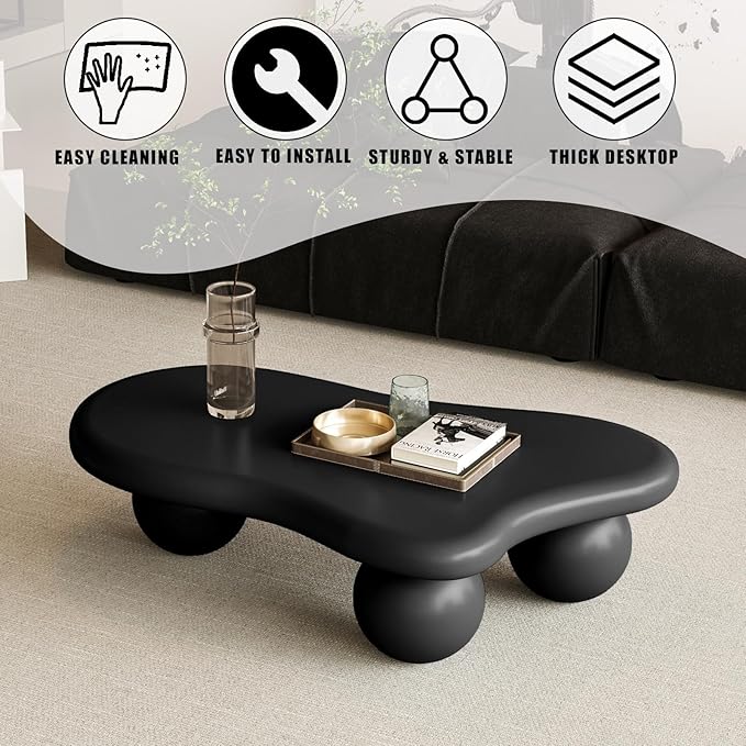 Modern Cloud Coffee Table with 3 Ball Legs, Cute Irregular Shaped Coffee Table, Low Center Table Tea Table for Living Room Apartment (47.2''L × 31.5''W × 13.78''H)