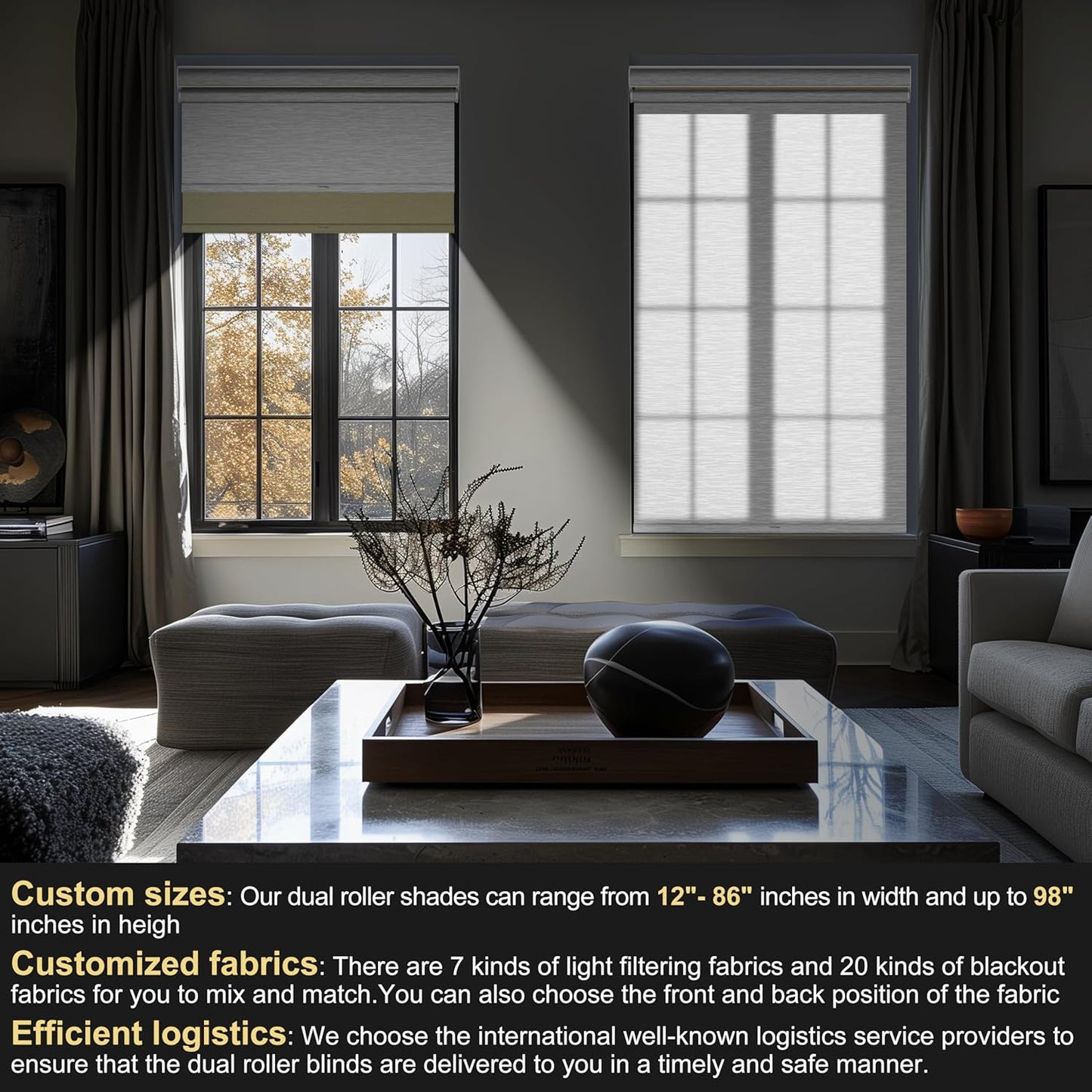 BERISSA Cordless Dual Roller Shades with Cassette Valance,Double Window Shades Blackout and Light Filtering Shades,Day and Night Roller Shades for Home Office Door.Beige and White.43 W x 80" H