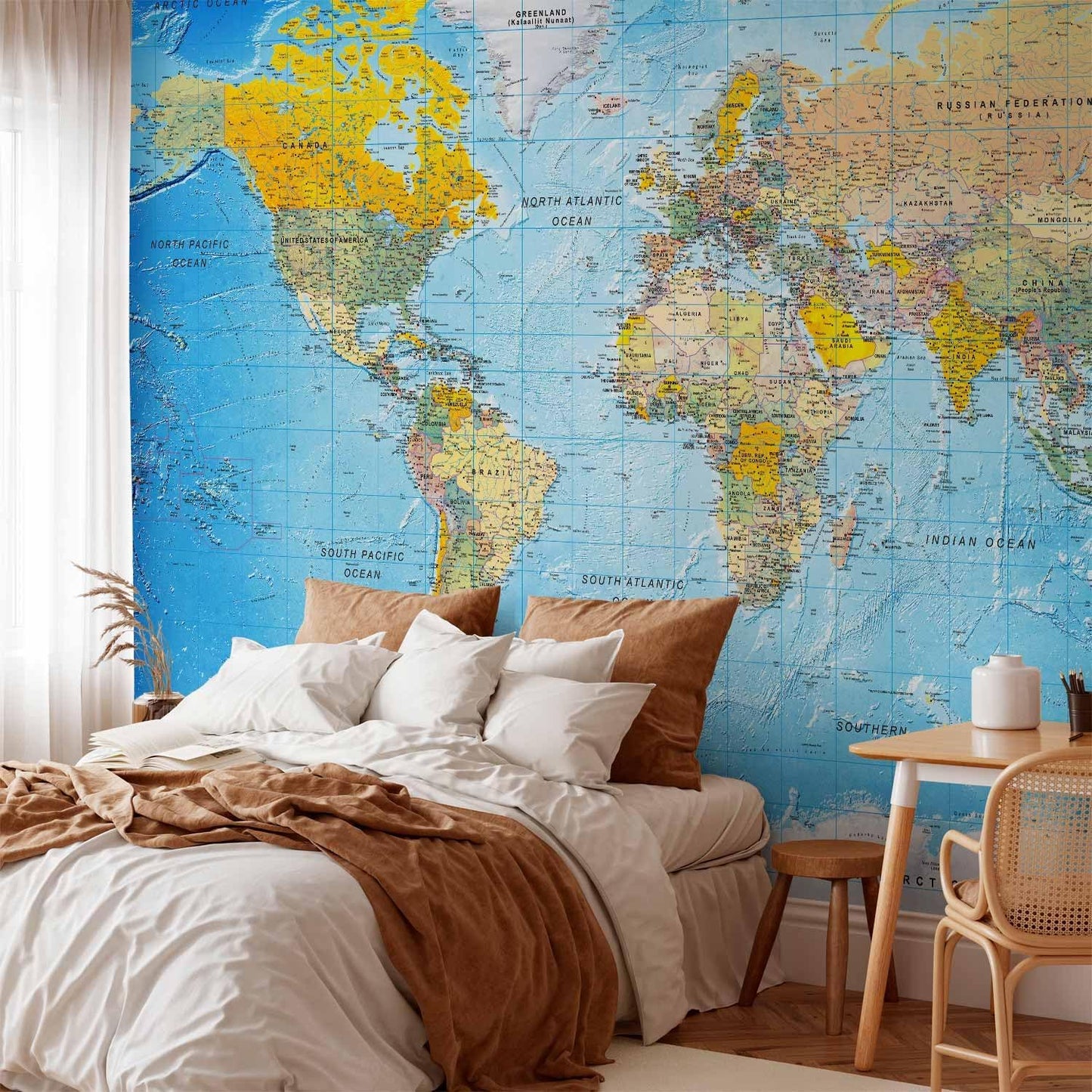 artgeist Wall Mural World Map 193x138 in - XXL Peel and Stick Self-Adhesive Wallpaper Removable Large Sticker Foil Wall Decor Print Picture Image Design Map of The World k-A-0109-a-a