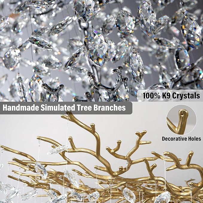 YUYI Modern Crystal Chandelier, 60" Gold Tree Branch Chandelier, 16-Light Rectangular Chandeliers for Dining Room, Kitchen Island, Living Room, Luxury Top K9 Crystal Raindrop Light Fixture - Upgraded