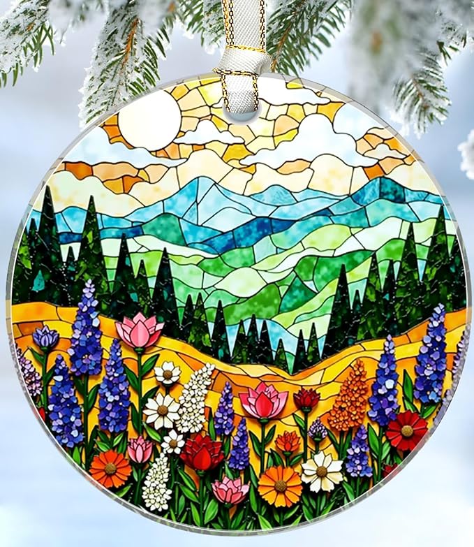 Mountain Christmas Ornaments 2025, Stained Glass Christmas Tree Decorations, Exchange for Women, Men, Collectible Dated Year Ornaments for Tree - Glass Hanging Ornament