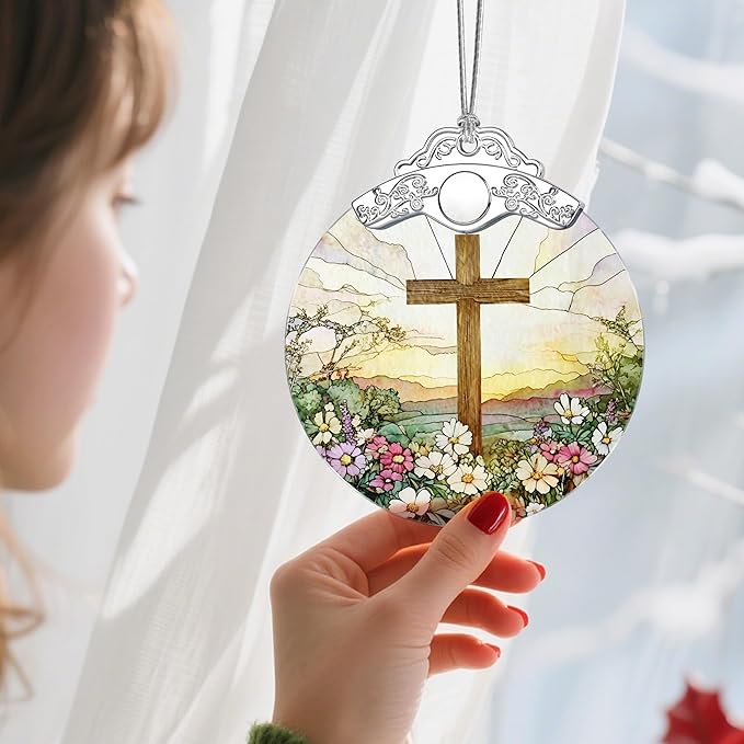 Stained Glass Cross Ornament, Christmas Ornament, Hanging Ornaments for Home Decor & Christmas Tree Ornaments – Exquisite Holiday Decor, Perfect Cross Gifts, Xmas Gifts & Holiday Present
