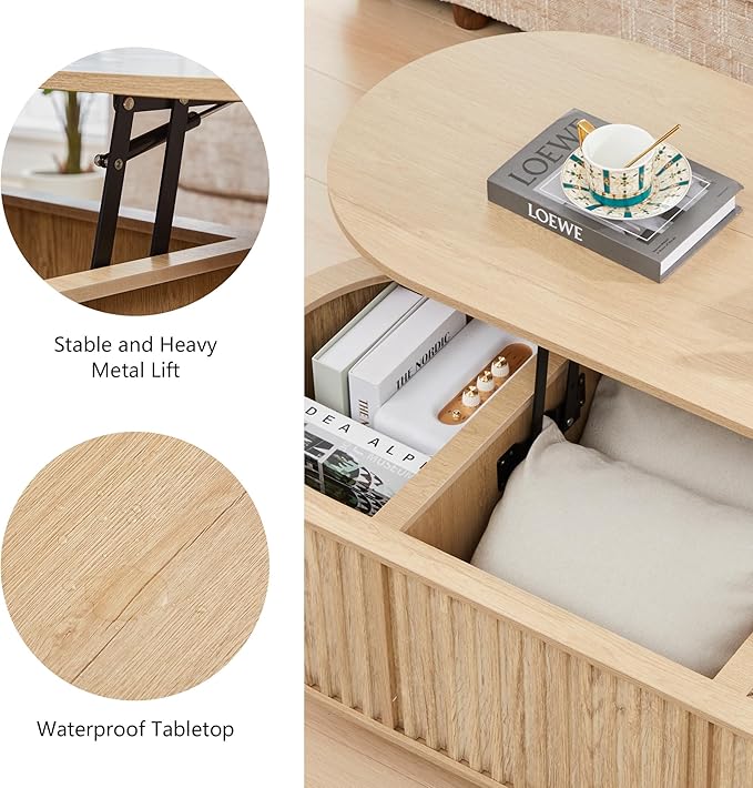 Oval Lift Top Coffee Table with Storage, 43.3”Mid Century Modern Center Table with Hidden Compartment, Fluted Wooden Lift Tabletop Dining Table for Living Room Apartment Home Office,Natural